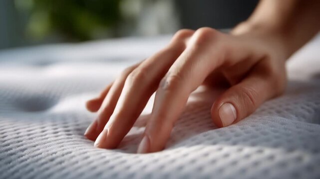 Faceless hand from above gently pressing into a white mattress, close-up showing the fine woven texture of the fabric, subtle indentation illustrating support, bright soft lighting