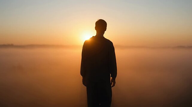 Cinematic silhouette of man standing in foggy field at sunrise, contemplative male figure looking at golden horizon, misty morning landscape with sun flare