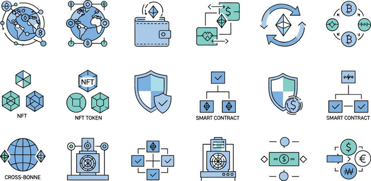 Blockchain and cryptocurrency technology icons set featuring smart contracts, NFT tokens, cross chain transactions, crypto wallet security and decentralized finance vector illustration