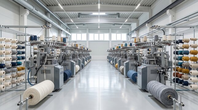 Rows of industrial knitting machines with spools of yarn in a modern, well-lit factory setting, showcasing manufacturing and production processes