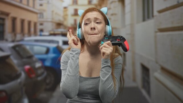 Redhead woman holding a gamepad and cat ear headphones with fingers crossed on a narrow street; anticipation gaming fun.