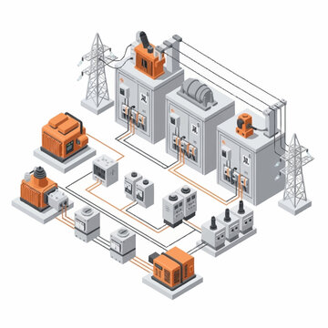 Electrical substation power distribution grid infrastructure isometric illustration.