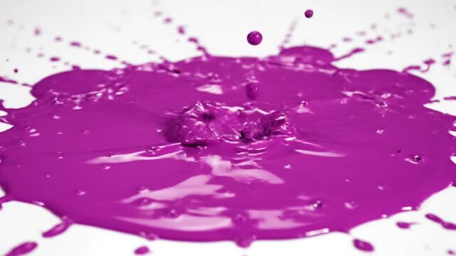Bright magenta paint splashing and making a ripple effect on a pristine white surface with slow motion photography