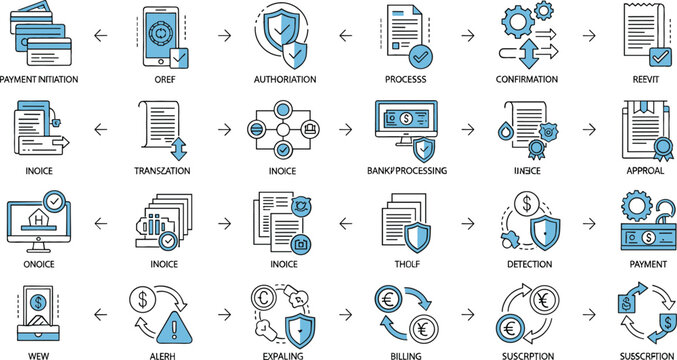 Business transaction and financial workflow icons set featuring invoice processing, approval, billing, subscription, banking operations, document exchange and payment systems vector illustration