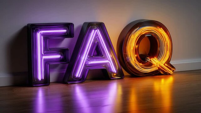 Minimal studio scene with the word FAQ formed from glowing neon letters mounted on a clean wall, soft gradient background lighting and subtle reflections on a polished floor surfac