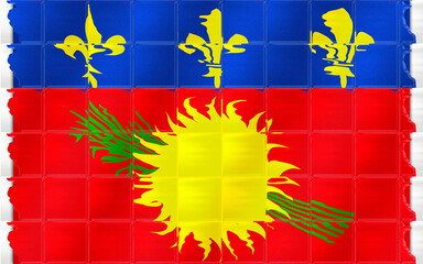 Guadeloupe Flag with Fleur de lis, Sun, and Sugarcane Motif Displayed on a Textured, Tiled Surface with Rough Edges © Mulkan