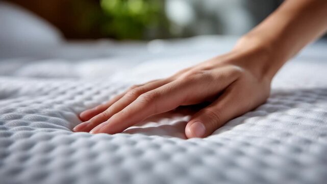 Overhead close-up of a faceless hand testing a white mattress by pressing gently, fine fabric threads in sharp focus, subtle depression showing support, bright even lighting highli
