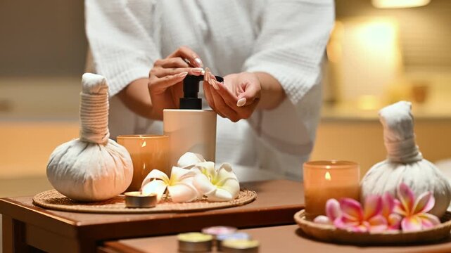 Close up of Asian woman applying lotion on hands in spa setting with candles and herbal compress on wooden table.