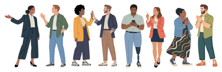 Fototapeta premium Set of diverse people stand together, smiling and gesturing. They express joy, warmth, and connection through body language. Perfect for team collaboration, workplace inclusivity, or community events