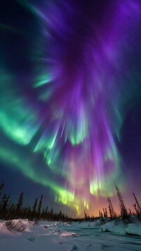 Magical Aurora Borealis Burst Over Frozen Tundra At Twilight
