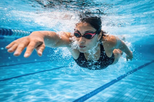 Female swimmer training underwater in pool performing freestyle stroke