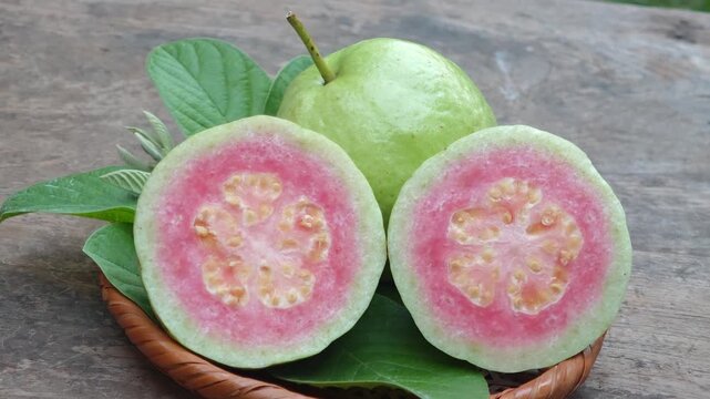 Pink-fleshed guavas in a bamboo basket.