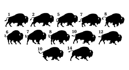 Fototapeta premium Silhouette Of A Herd Of American Bison, Numbers Displayed, Minimalist Graphic Design