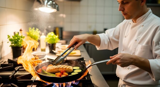 Chef Cooking Grilled Salmon with Vegetables on Flaming Pan, Gourmet Seafood Cuisine, High Heat Cooking in Professional Kitchen, Healthy Meal and Culinary Art Concept