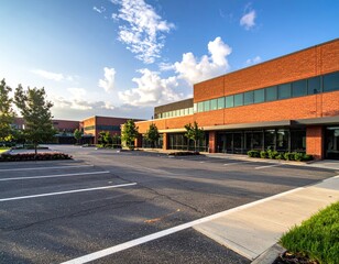 Obraz premium Commercial buildings in a parking lot during late afternoon with blue sky and clouds in the background