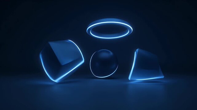 Futuristic neon blue geometric shapes, glowing abstract 3D objects in dark studio, high-tech cinematic motion background for technology and gaming