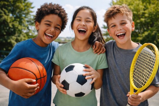 Diverse group of happy kids holding sports equipment smiling outdoors
