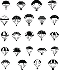Parachute Icons: Skydiver, Freefall, and Descent Silhouettes © Rajna