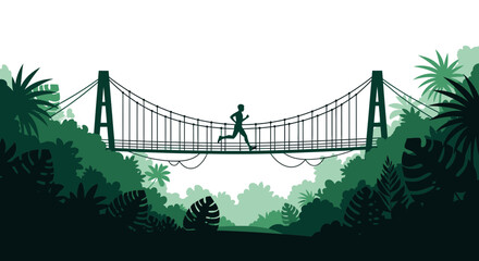 Fototapeta premium Silhouette Of A Runner Crossing A Suspension Bridge Amidst Lush Tropical Foliage