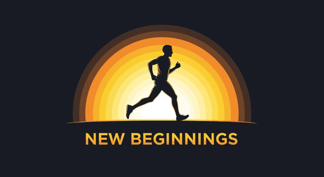 Silhouette Of A Runner In The Dawn With The Words New Beginnings For Positive Start