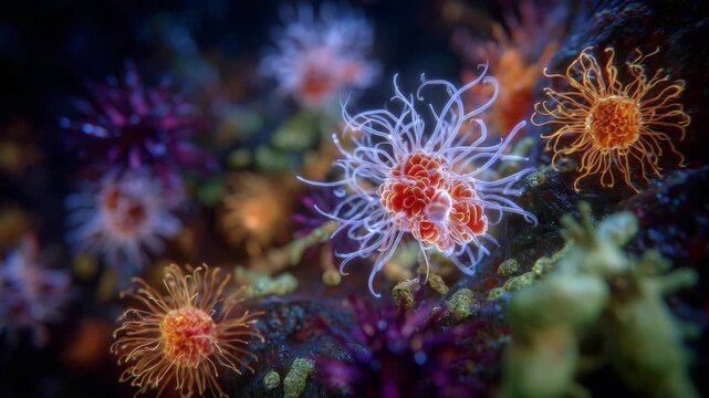 Vivid abstract 3D microscopy scene showing a mix of bacteria and viruses, bright contrasting colors highlighting different types, fine details on protein spikes, membranes, and fla