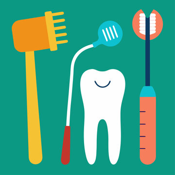 A flat vector illustration of a smiling white molar tooth surrounded by various colorful dental cleaning tools like brushes and mirrors on a teal background.