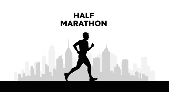 Silhouette Of A Runner In A Half Marathon Race With Cityscape In The Background