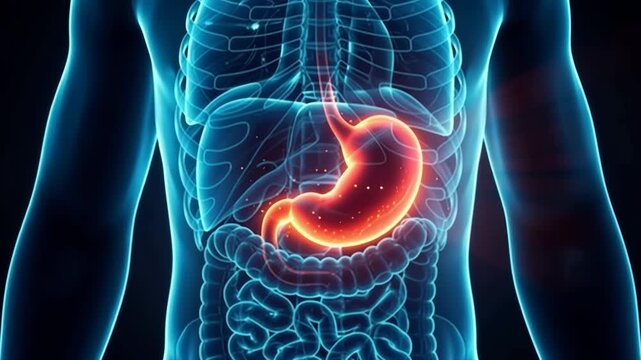 3D rendering of human body anatomy with glowing orange stomach showing inflammation or pain, medical science digestive system disease concept, stomach ache, ulcer or cancer diagnosis background.