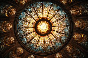 Obraz premium golden stained glass circular halo saint in a traditional Christian stained glass