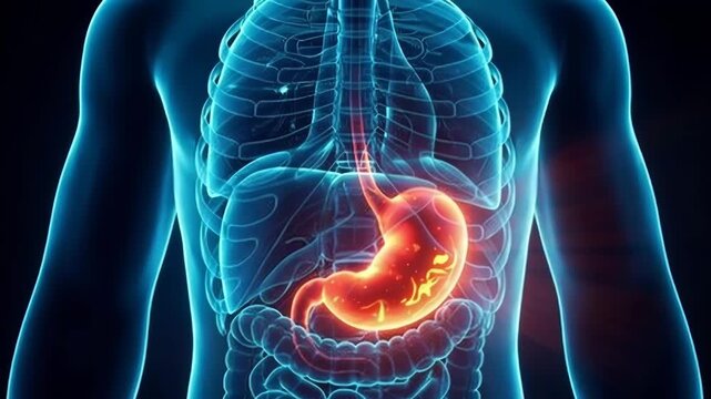 3D rendering of human body torso anatomy with glowing orange stomach showing inflammation or pain, medical science digestive system disease concept, stomach ache, ulcer or cancer diagnosis background.