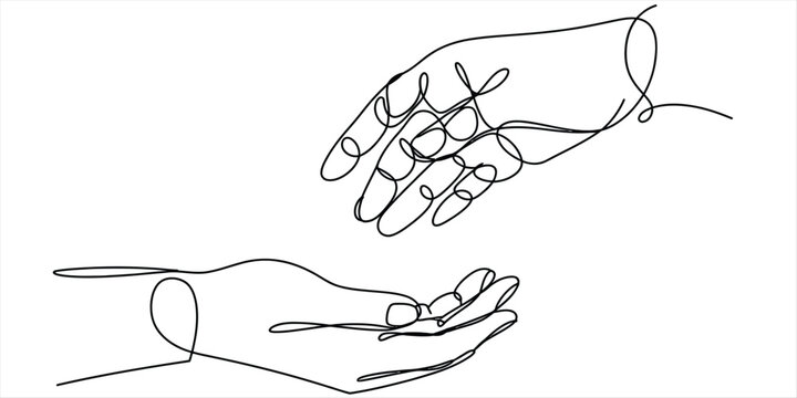 Continuous line drawing of two hands reaching out to each other in a gesture of help and support. Vector, illustration