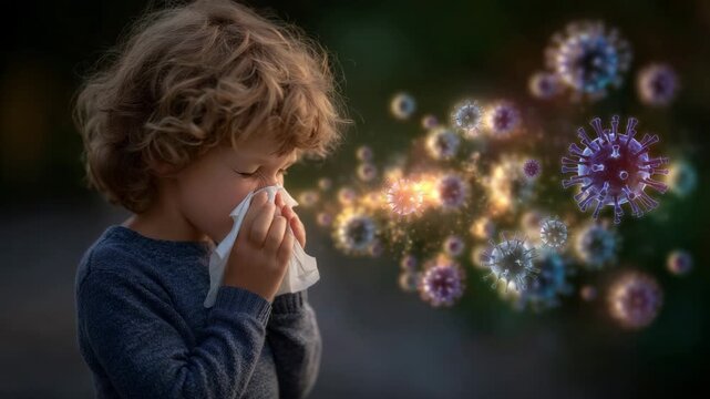 Wide artistic-scientific concept illustration of a young child sneezing sideways into a tissue, swirling semi-transparent microscopic pathogens radiating from the sneeze, warm ambi