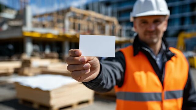 Wide bright active construction site with a faceless worker from behind, arm extended presenting a blank business card, timber framework rising behind him, pallets of materials and