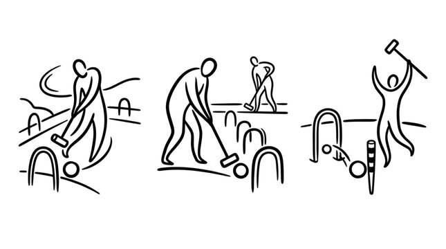 Croquet Players in Action - A Simple Line Art Illustration.