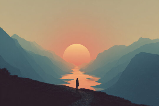 landscape, lone person silhouette standing on path overlooking valley, winding river leading toward large sun