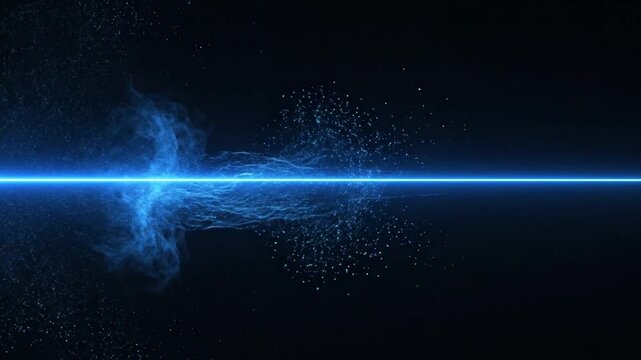 Abstract blue energy particles and glowing light trail moving along a horizontal axis on a black background. Dynamic technological burst of electrical sparks and digital data transmission.