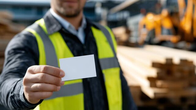 Wide bright construction site composition featuring a faceless worker from behind, one hand reaching forward with a blank business card, timber beams rising in the background with