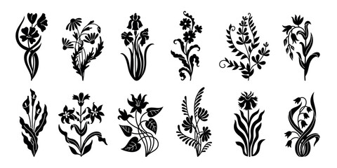 Naklejka premium Art nouveau flowers vector set with tulip, lily, iris and daisy silhouettes, black decorative botanical stems and folk floral motifs, retro monochrome blossom collection