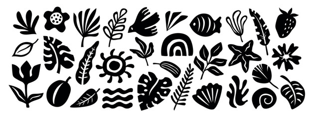 Summer set with black tropical leaves, fish, bird, shell, seashell, starfish, strawberry, flower, rainbow, sun and waves, abstract silhouette vector collection © Tartila