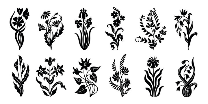 Art nouveau flowers vector set with tulip, lily, iris and daisy silhouettes, black decorative botanical stems and folk floral motifs, retro monochrome blossom collection