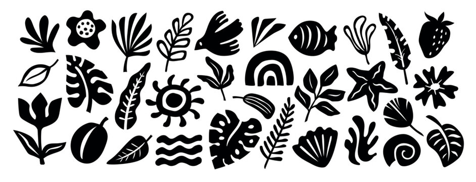 Summer set with black tropical leaves, fish, bird, shell, seashell, starfish, strawberry, flower, rainbow, sun and waves, abstract silhouette vector collection
