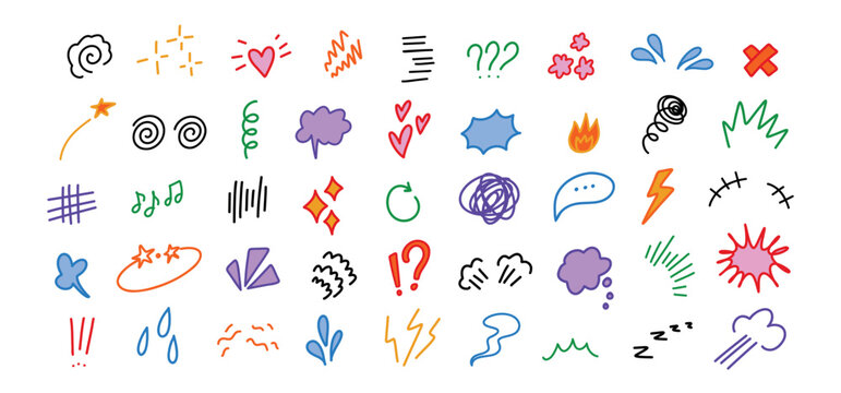 Bubble exclamation expression color icons. Cute marks and kawaii doodles for comic design, fun speech effect and emotion or action, sound. Colorful hand drawn accent burst, highlight spark vector set