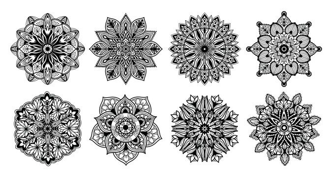 Mandala pattern vector set with floral ornamental rosettes, decorative circular medallions and symmetrical henna designs, intricate black and white monochrome ornaments