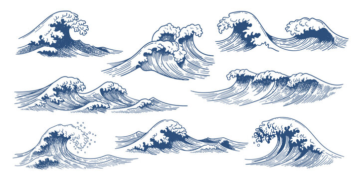 Sketch sea waves. Ocean blue water surfing wave vintage hand drawn, foam and storm splashes doodle, nautical outline in ukiyoe Japanese engraving style. Maritime retro tattoo vector isolated set