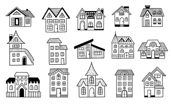 House building cottage hand drawn vector set with townhouse, villa and home facades, monochrome outline residential architecture icons for real estate, housing and village design