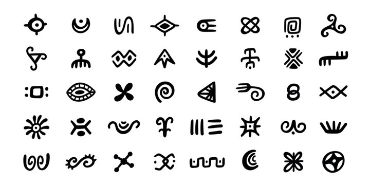 African tribal symbols and glyph icons, abstract ethnic folk marks and mystical ornamental signs, black hand drawn vector set of primitive spiral emblems and logo elements