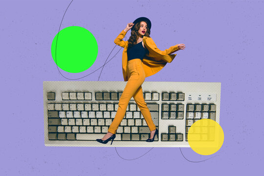 Contemporary artwork collage of happy businesswoman man stand keypad wireless device freelancer tool desktop electronic qwerty