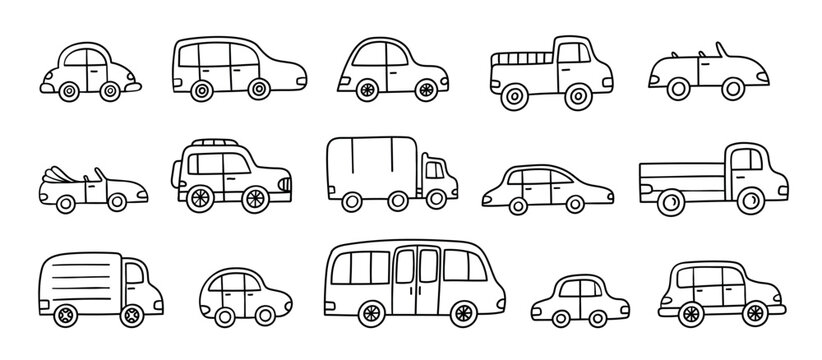 Car vehicle doodle set with auto, truck, pickup, van, minibus, bus, SUV, sedan, hatchback and convertible, hand drawn outline transport icons in black and white vector illustration