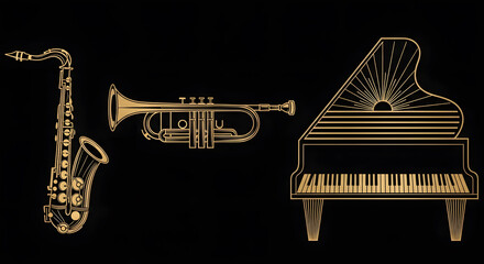 Naklejka premium Gold Art Deco Musical Instruments - Golden line art illustration of a saxophone, trumpet, and piano on a black background, reflecting 1920s vintage style.
