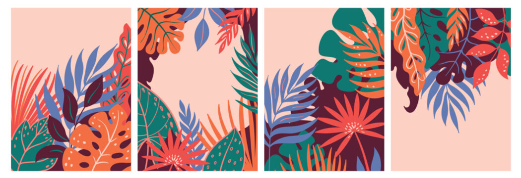 Tropical leaves banners with colorful exotic foliage, monstera, palm and philodendron framing vertical layouts with copy space, decorative jungle templates for poster or invitation